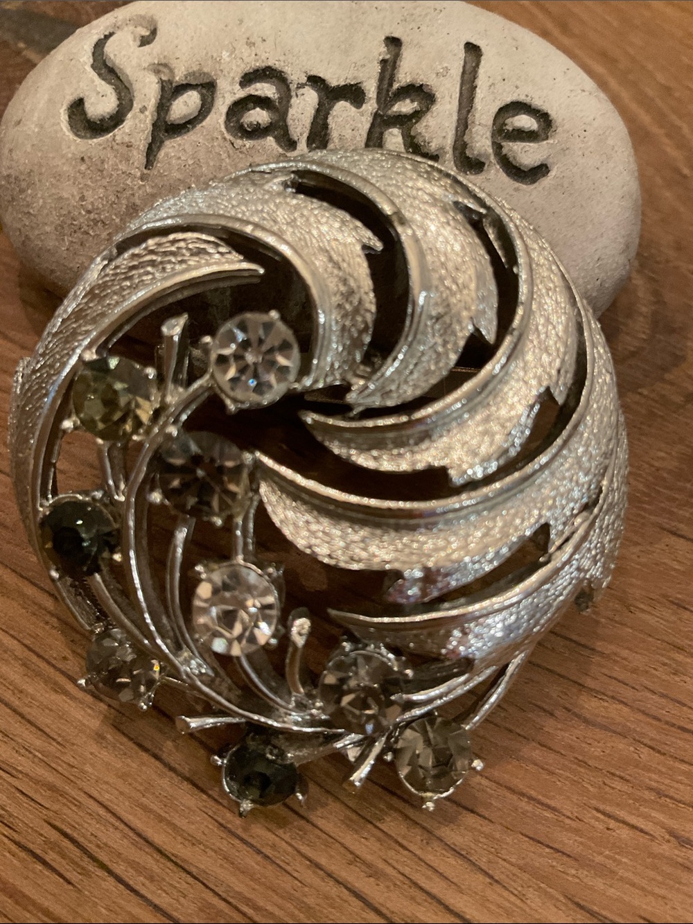 Vintage Silver Toned Crystal Swirl Brooch -